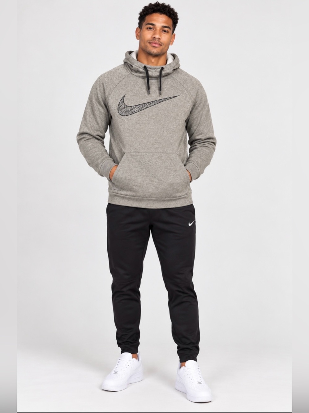 Nike Men’s Heather Gray Pullover Hoodie with Black Swoosh